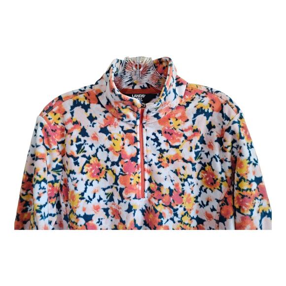 LANDS END Women's Tall L LT Fleece 1/4 Zip Top Floral Orange Green Soft 42" - Picture 2 of 8